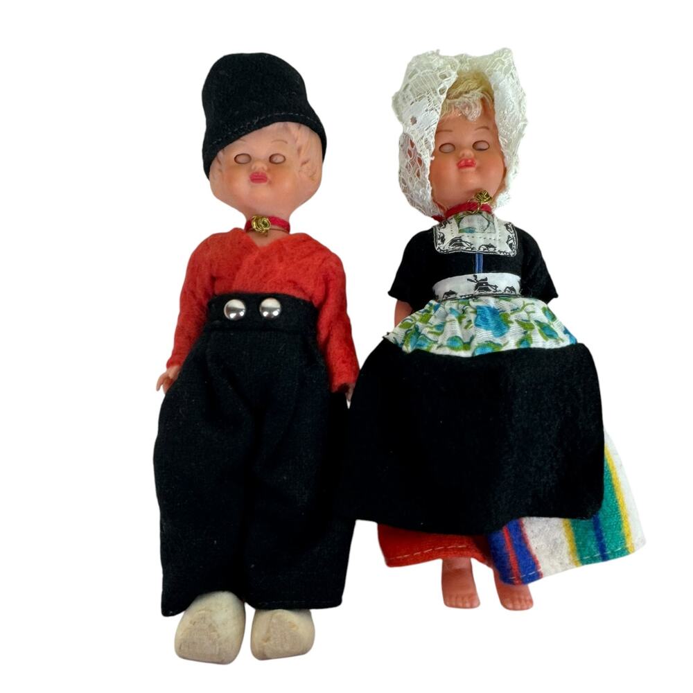 Vintage Dutch Dolls Plastic With Sleeping Eyes Hand Carved Wooden Shoes 7.5"